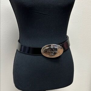 Prada Glossy Black Belt with Silver Oval Buckle